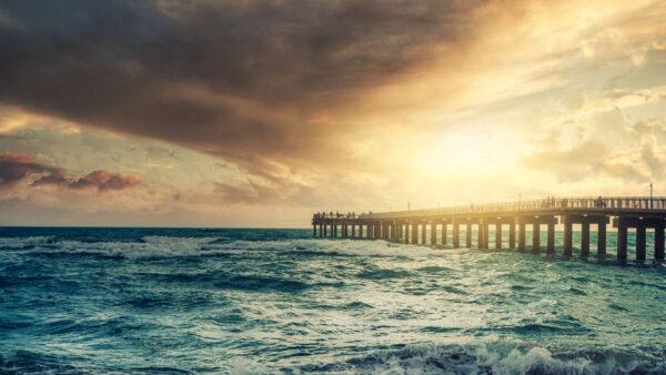 Wallpaper Waves, Beach, Pier, With, Sunrays
