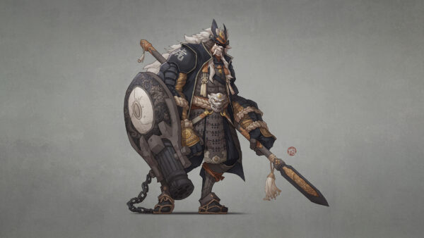 Wallpaper Warrior, Shield, Samurai, Spear, Mask