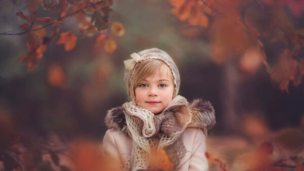 Wallpaper Scarf, Wearing, Girl, Forest, Blur, And, Overcoat, Little, Cute, Knitted, Woolen, Background