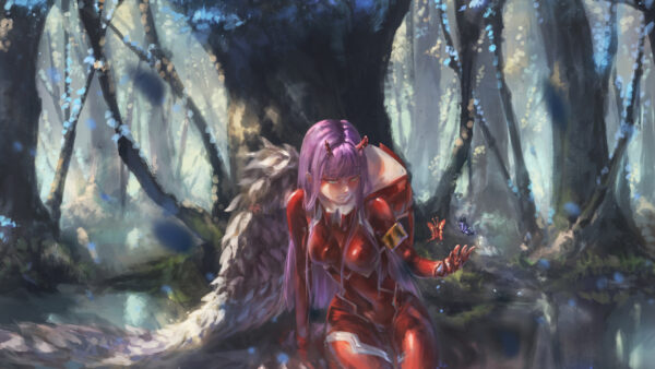 Wallpaper Zero, Dress, Anime, The, Darling, Wearing, Two, FranXX, Background, With, Trees, Red