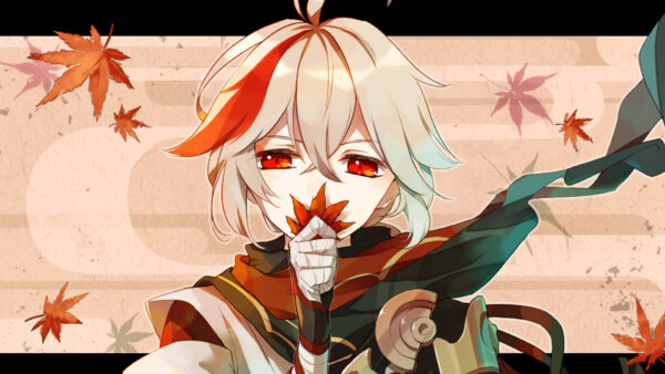Wallpaper White, Impact, Kazuha, Hair, Eyes, Background, Leaves, Genshin, Red