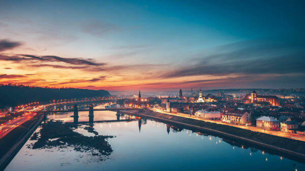 Wallpaper Aerial, River, With, Lithuania, Reflection, View, Travel, City, Kaunas, Sunset, During