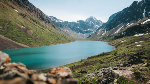 Wallpaper Nature, Grass, River, Between, Snow, Rocks, Slope, Green, Mountains, Scenery