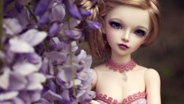 Wallpaper Desktop, With, Toy, Near, Purple, Doll, Flowers, Girl, Eyes