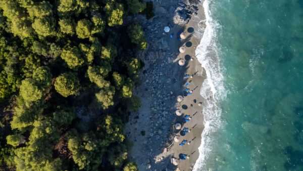 Wallpaper Green, Huts, View, Waves, Aerial, Trees, Ocean, Nature, Beach, Forest, Sand