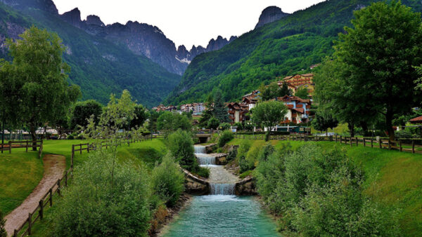 Wallpaper Green, Houses, Plants, Water, Bushes, Mountain, Stream, Beautiful, Scenery