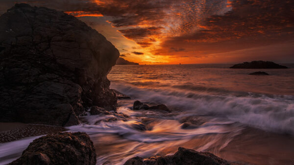 Wallpaper Nature, Scenery, Ocean, Sunset, Mountains, Waves, During, Rocks, Beautiful