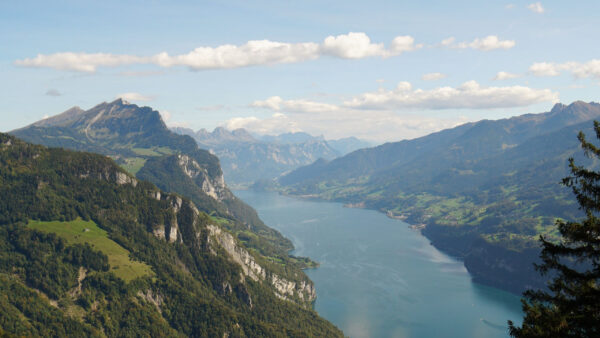 Wallpaper Greenery, River, Between, Clouds, Mountain, Aerial, Under, Rock, Blue, Sky, Nature, View, White