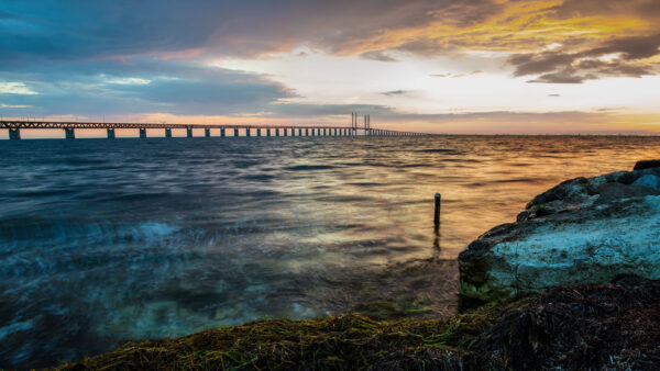 Wallpaper Landscape, Above, Sky, Nature, Under, Rocks, Sea, Bridge, Water, Black, Clouds, Mobile, Reflection, View, Desktop