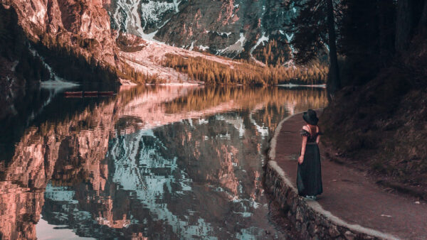 Wallpaper Mountains, Near, Lake, Standing, Girl, Reflection, Alone