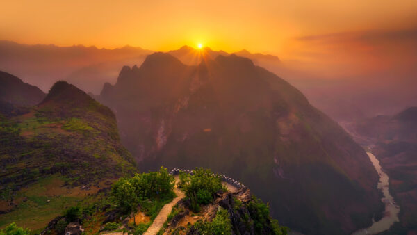 Wallpaper Mountains, Landscape, During, Nature, Green, Rock, Plants, Sunset, Bushes, View