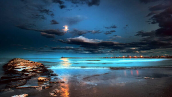 Wallpaper Water, Moon, Black, Blue, Ocean, Clouds, Above, Reflection, Sky