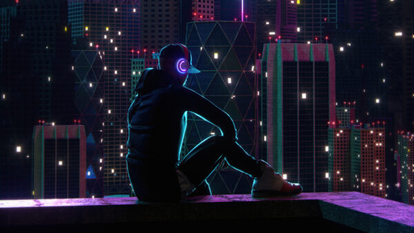 Wallpaper Boy, Sitting, Building, Neon, Rooftop, Lights
