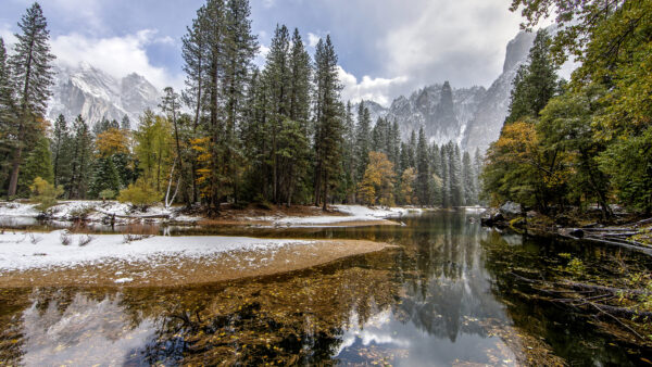 Wallpaper Trees, Covered, Mountains, Under, Sky, Clouds, River, Bushes, White, Blue, Scenery, Beautiful, Snow, Reflection, Winter