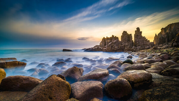 Wallpaper During, Clouds, Rocks, Nature, White, Ocean, Blue, Under, Stones, Stream, Sky, Sunset, Waves