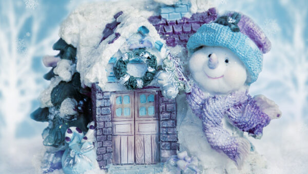 Wallpaper Blue, Snowflake, House, Snowman, Desktop