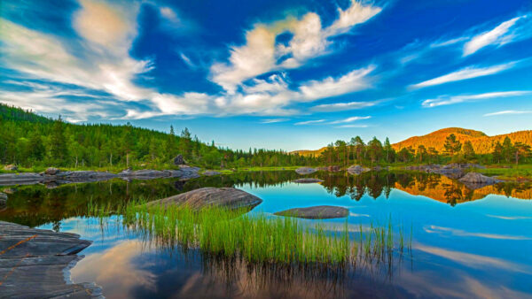 Wallpaper Nature, Covered, Sky, Water, Under, Blue, White, View, Yellow, And, Clouds, Green, Reflection, Mountains, Landscape, Trees