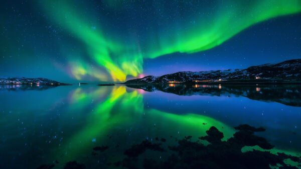 Wallpaper Reflection, Aurora, Fjord, Borealis, Sky, Nature, Night, Snow, Starry, Mountains, Beautiful