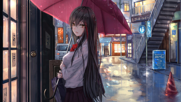 Wallpaper Under, Wearing, Long, Hair, School, Red, Black, Standing, Anime, Uniform, Umbrella, Girl