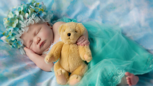 Wallpaper Child, And, Toy, Cute, Headband, Colorful, Sleeping, Baby, Wearing, With, Yellow, Dress
