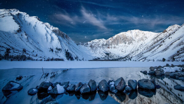 Wallpaper Beautiful, Background, Sky, Nighttime, Snowy, During, Starry, Blue, Mountains, Nature