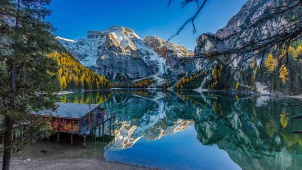 Wallpaper Water, Yellow, Reflection, Trees, Nature, White, Beautiful, Sky, Covered, Background, Blue, Mountains, Scenery