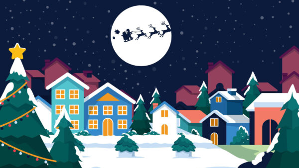 Wallpaper Claus, Christmas, Moon, Sky, Trees, Background, Houses, Reindeer, Santa