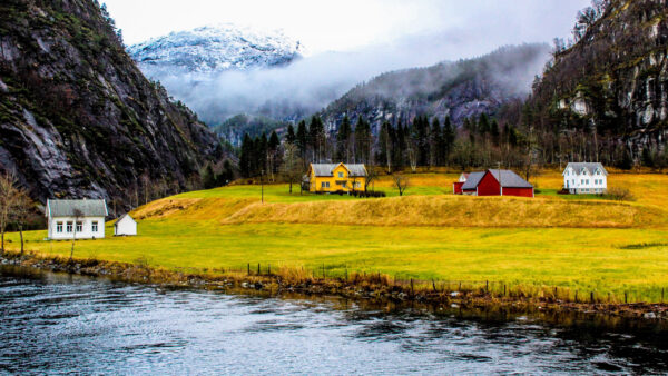 Wallpaper Fog, Colorful, Scenery, Houses, Background, Field, Trees, With, River, Mountains, Nature, Grass