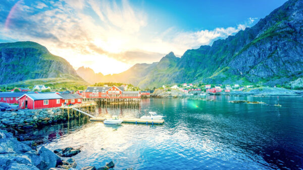 Wallpaper Houses, Sunbeam, Mobile, Beautiful, Mountains, Norway, Desktop, Nature, Water, Lake, Lofoten, Top