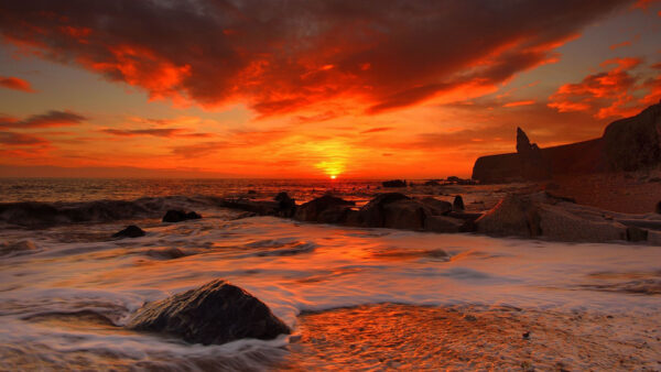 Wallpaper Desktop, Cloudy, Waves, Rocks, Nature, Sky, Sea, Red, During, Under, Sunrise