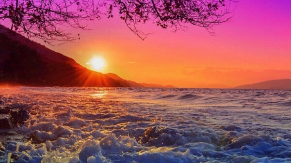 Wallpaper Sunset, Desktop, Mountain, And, Waves, During, With, Purple, Under, Sky, Sea