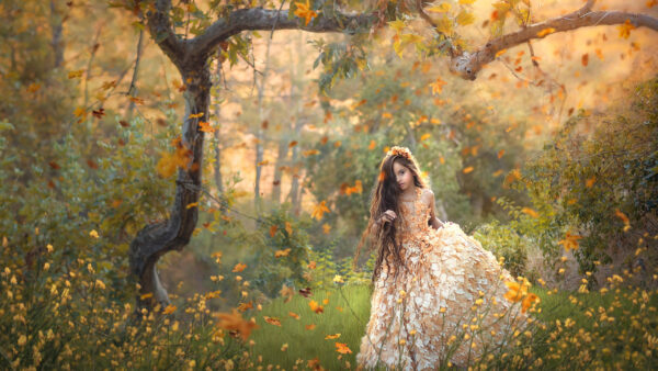 Wallpaper Grass, Child, Desktop, Brunette, With, Long, Standing, Cute, Field, Girl, Hair