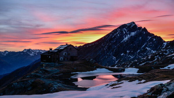 Wallpaper House, Black, Mobile, Desktop, Covered, Yellow, Sky, Clouds, Background, Mountains, Nature, Snow, Stone