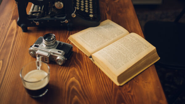 Wallpaper Tea, Glass, Book, Typewriter, Others, Open, Black, Bench, Wood, Camera