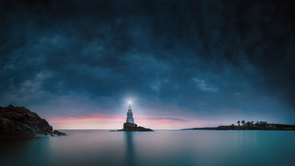 Wallpaper Black, Ocean, Under, Nature, View, Clouds, White, Lighthouse, Sky, Reflection, Landscape