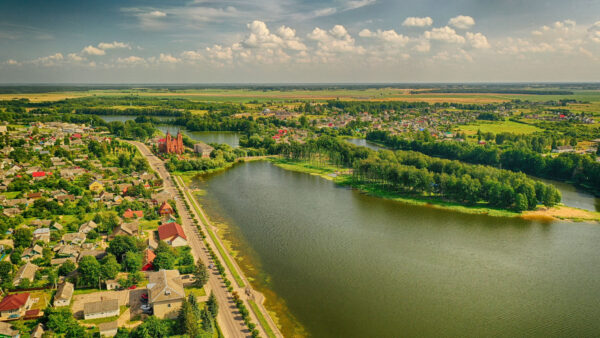 Wallpaper Aerial, Village, Sky, Houses, Blue, Under, View, Trees, Green, Clouds, White, Bushes, River, Nature