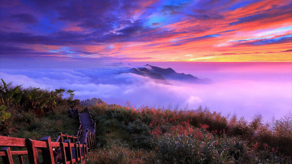 Wallpaper Sunset, During, Sea, Horizon, Nature, Clouds, Stairs, Fog, Sky