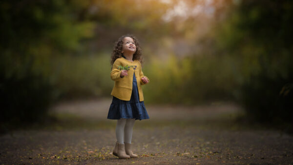 Wallpaper Background, Girl, Little, Cute, Yellow, Nature, Blue, Smiley, Standing, Looking, Coat, Dress, Wearing, Blur