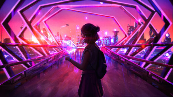 Wallpaper Standing, Buildings, Girl, Bridge, Lights, Colorful, Vaporwave