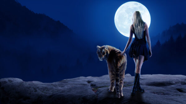 Wallpaper Moon, Tiger, Girl, Dream