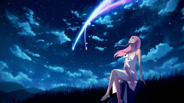 Wallpaper Time, During, Clouds, Anime, Lighting, Background, Near, Night, Sitting, And, Stars, FranXX, Field, Dark, The, Sky, Zero, With, Seeing, Darling, Two