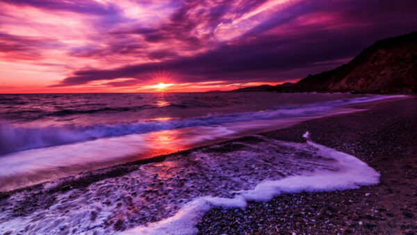 Wallpaper Reflection, Black, Under, Nature, Purple, Waves, Beautiful, During, Ocean, Sky, With, Sunrise, Cloudy