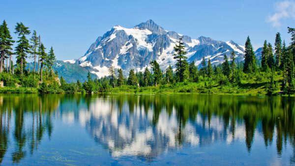 Wallpaper Nature, Background, Green, View, Sky, Trees, Lake, Snow, And, Mountain, Near, With, Desktop, Blue