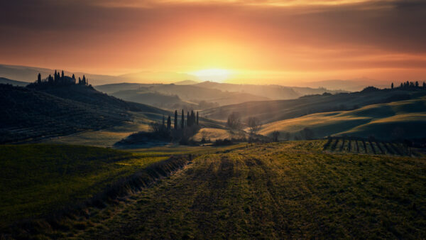 Wallpaper Grass, Valley, Sunset, Nature, During, Tuscany, Desktop, And, Field
