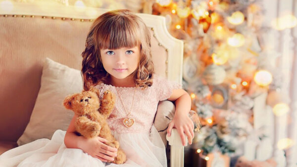 Wallpaper Background, Dress, Toy, Girl, Light, Cute, Wearing, Teddy, Colorful, With, Couch, Little, Pink, Lights, Sitting