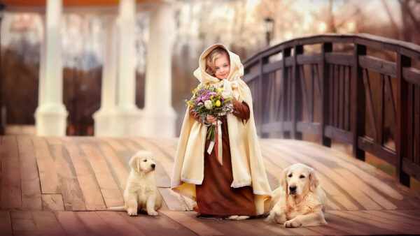 Wallpaper Smiley, Between, Little, With, Standing, Bouquet, Sandal, Wearing, Girl, Ash, Eyes, Brown, Puppy, And, Desktop, Dress, Color, Cute, Labrador