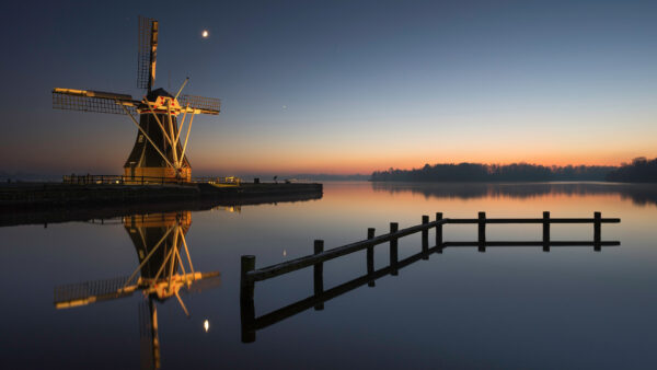 Wallpaper Water, Nighttime, Reflection, Windmill, Travel, Netherlands, During