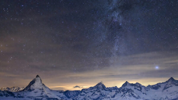 Wallpaper Sky, With, Sunset, Space, Covered, Mountain, Under, Blue, Snow, Stars, Desktop