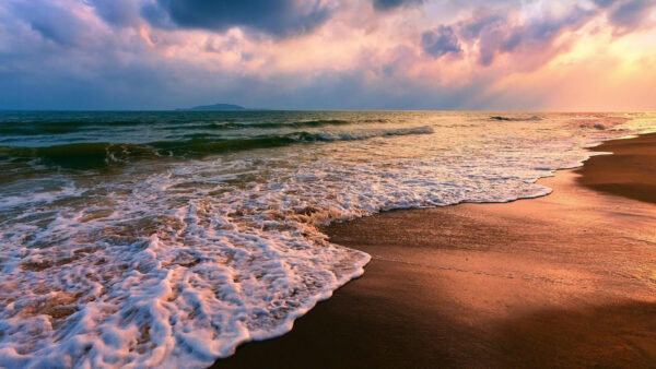 Wallpaper Sky, Waves, Sand, Under, Foam, Mountain, Mobile, Clouds, Ocean, View, Landscape, Desktop, White, Beach