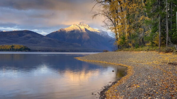 Wallpaper Landscape, Sand, Water, Forest, Fallen, Leaves, Peak, Dry, View, Body, Clouds, White, Mountains, Calm, Nature, Sky, Under